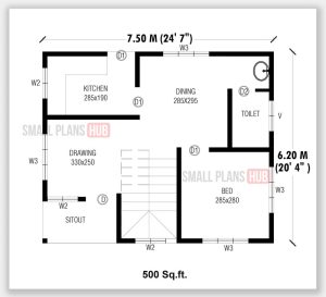 Single Bedroom House Plans with Staircase Under 500 Sq.ft. for 120 Sq ...