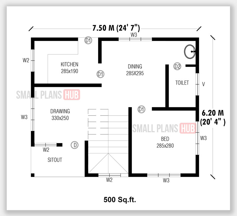 Single Bedroom House Plans With Staircase Under 500 Sq ft For 120 Sq yard Plots SMALL PLANS HUB